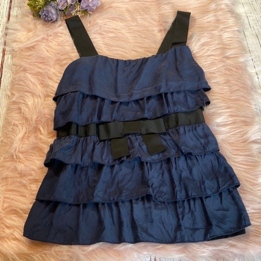 Anthropologie Bordeaux Blue Ruffle Layered Tank Top sz M